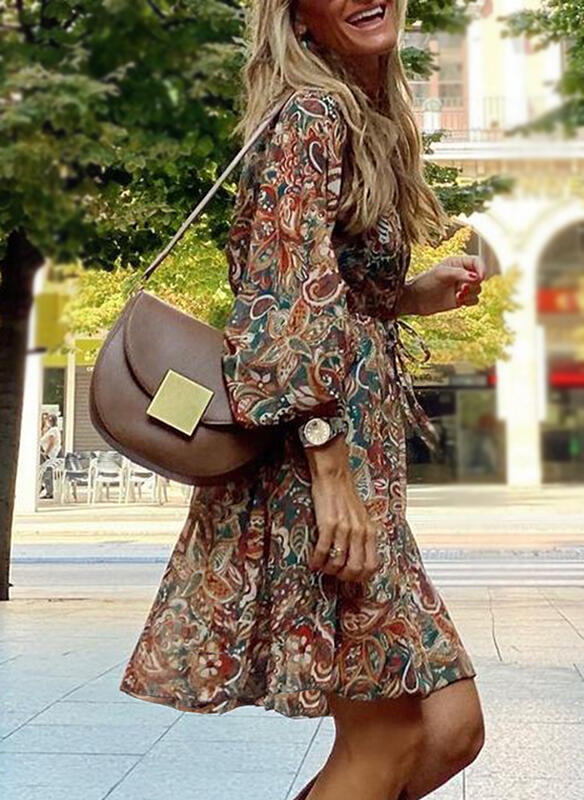 Mid-waist pullover short-sleeved printed loose dress