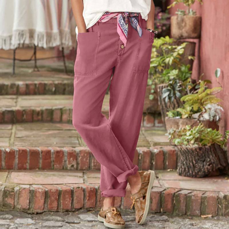 Loose-fit casual cotton-linen pants with row buttons