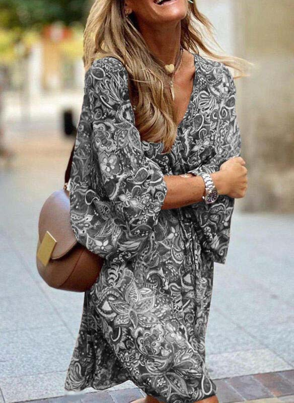 Mid-waist pullover short-sleeved printed loose dress