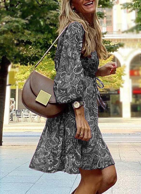 Mid-waist pullover short-sleeved printed loose dress