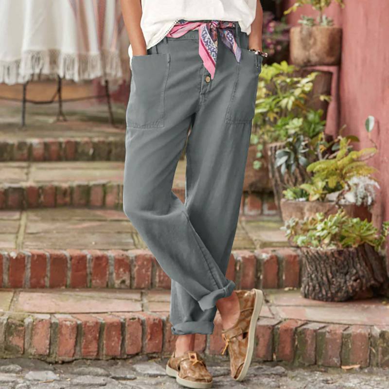 Loose-fit casual cotton-linen pants with row buttons