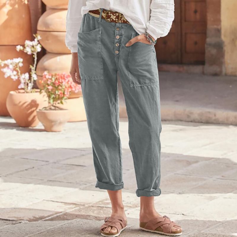 Loose-fit casual cotton-linen pants with row buttons