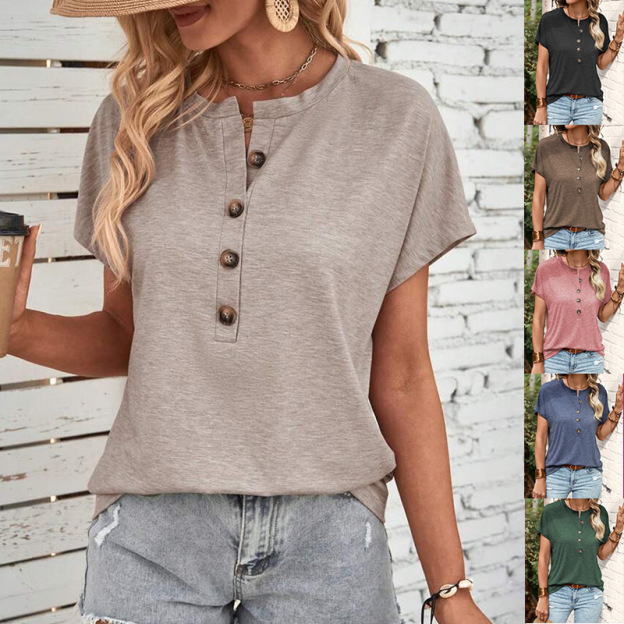 Solid Color Buttoned Fashionable Short-sleeved T-shirt