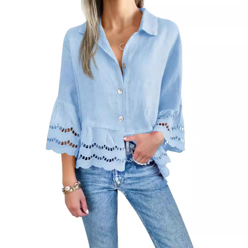 Large Ruffle Bell-Sleeved Hollow Lace Blouse