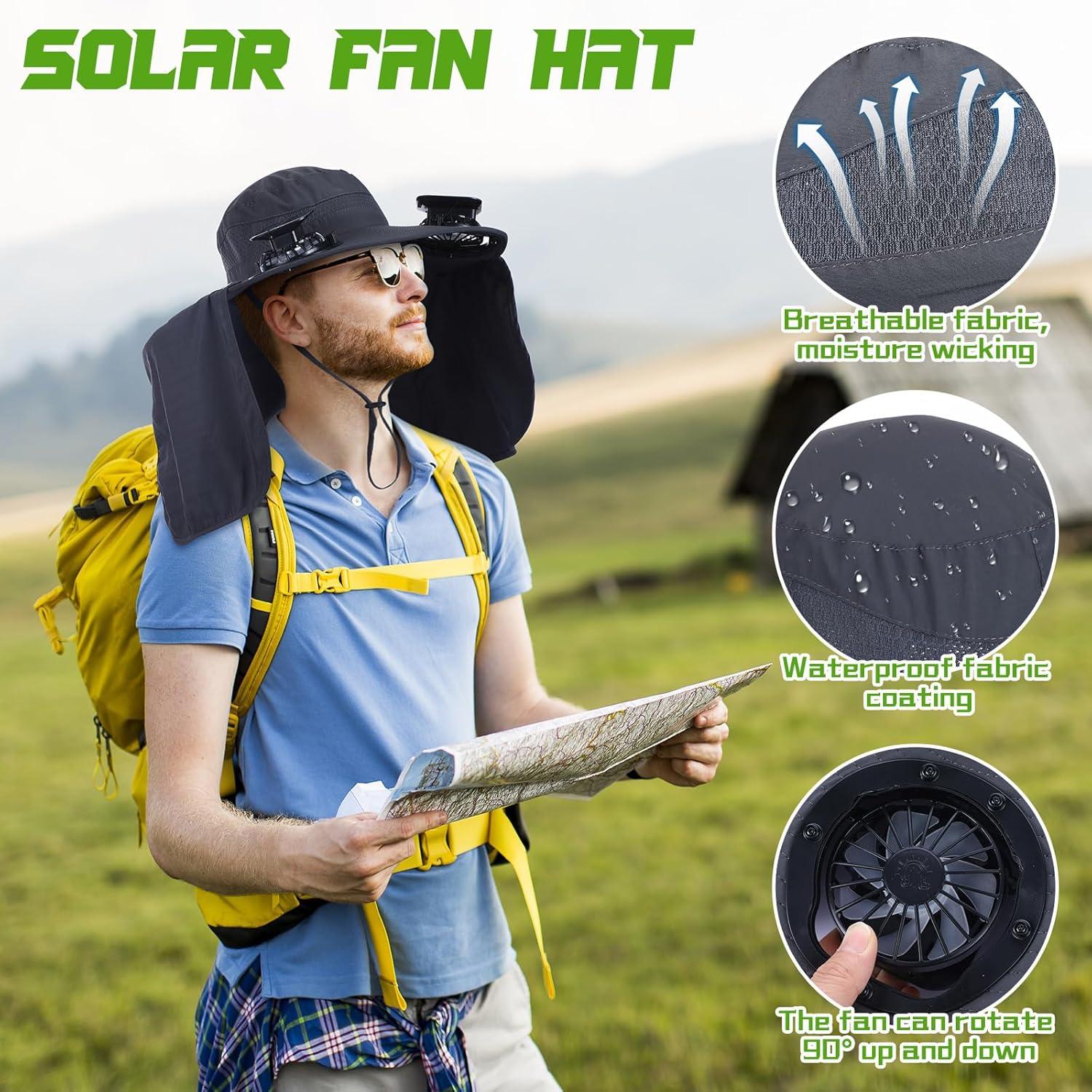 Wide Brim Sun Hat with 2 Fan