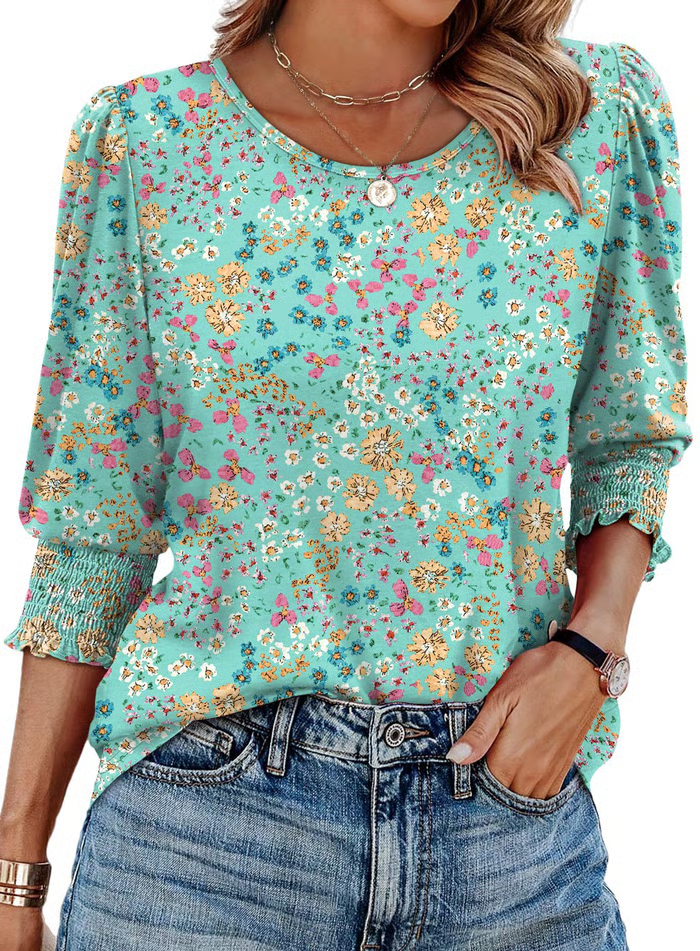 Women Dressy Casual 3/4 Length Sleeve Blouses with Smocked Cuffs