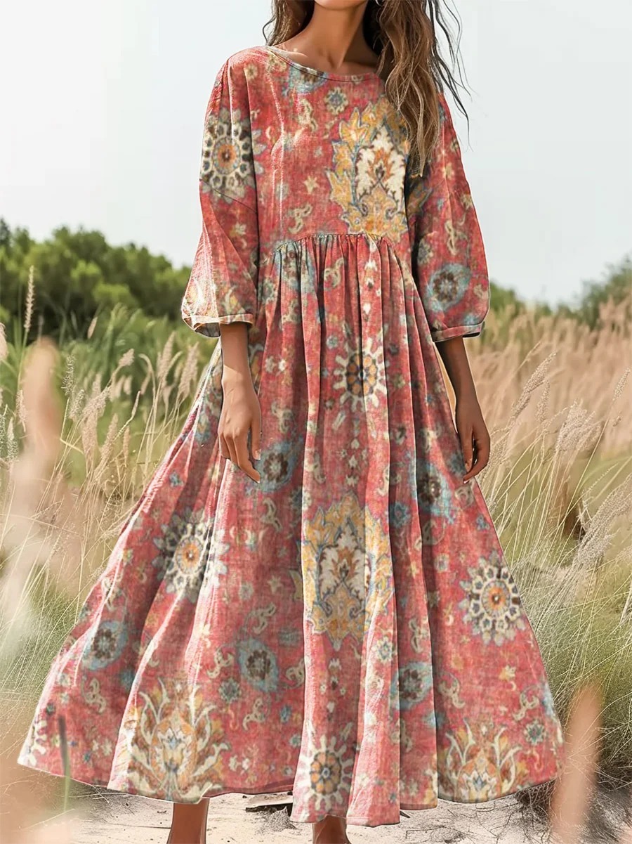 Women's Vintage Folk Art Floral Pattern Print Pocket Cotton Dress