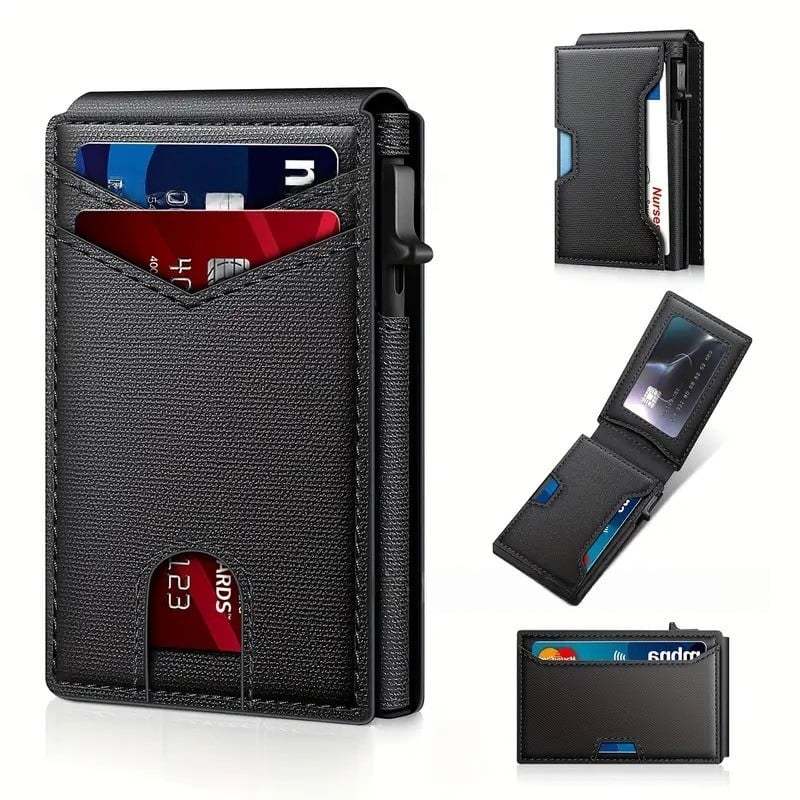 ✨Wallet - With Pop Up Aluminum Case Money Clip Slim Leather Slots Credit Card Holder RFID Blocking Bifold Minimalist Wallet