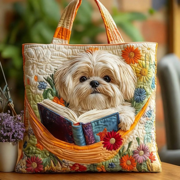 Book Shih Tzu Quilted Tote Bag