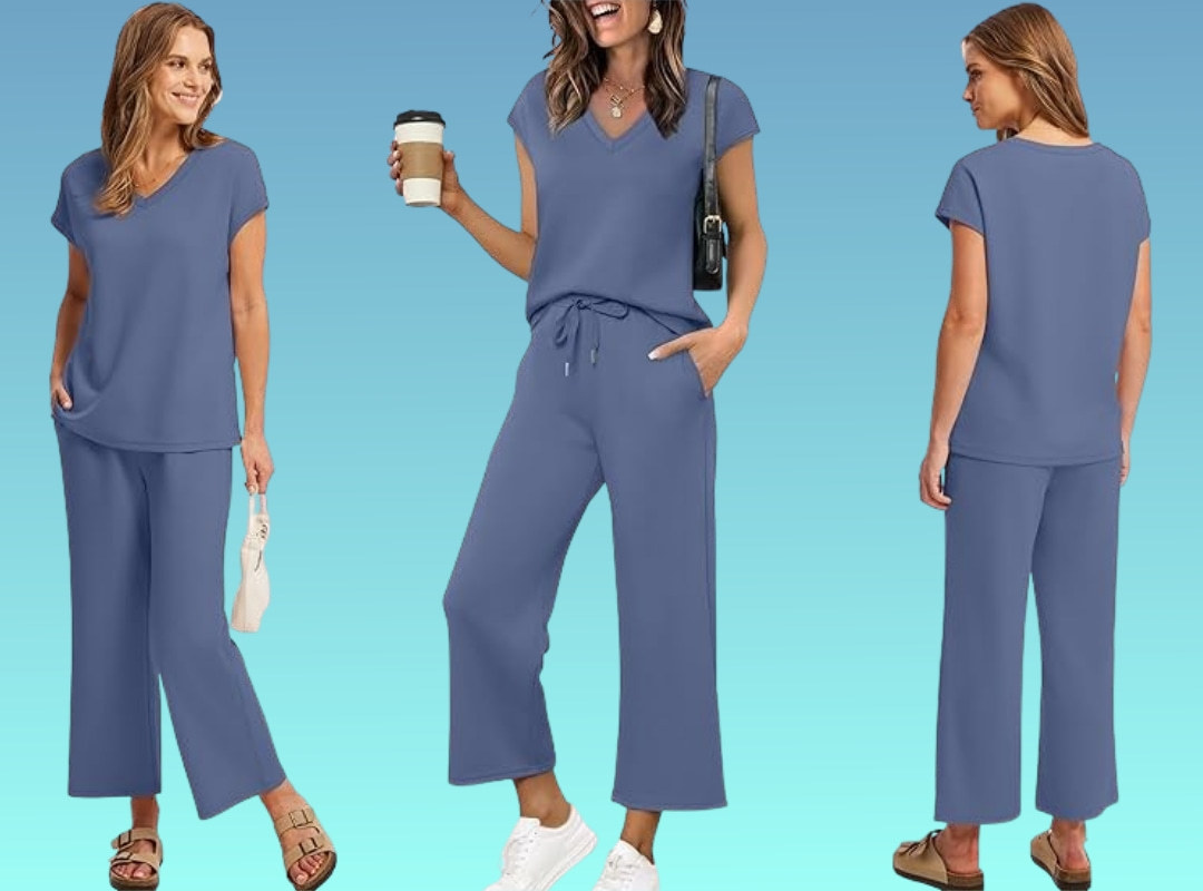 Two Piece Sets for Women Summer Outfits Lounge Sets V Neck Tops Wide Leg Pants