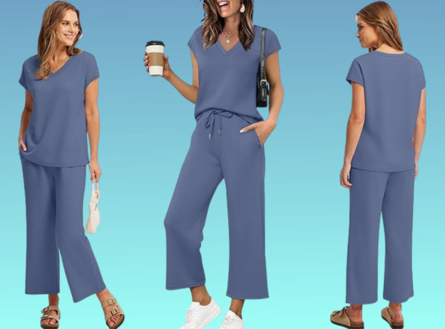 Two Piece Sets for Women Summer Outfits Lounge Sets V Neck Tops Wide Leg Pants