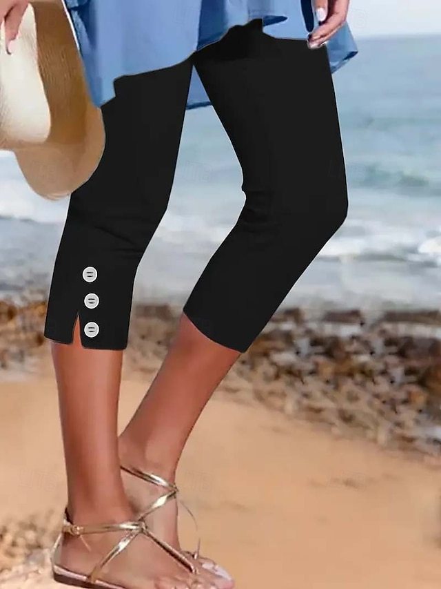 Women's Slim Chinos Crop Casual Tights Calf-Length Natural Plain Split