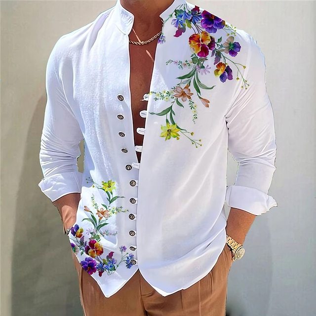  Men's Dark Shirt Aloha Shirt Long Sleeve Fashion Designer Casual Vacation Daily Going out Fall Autumn / Fall Spring & Summer Stand Collar Print 