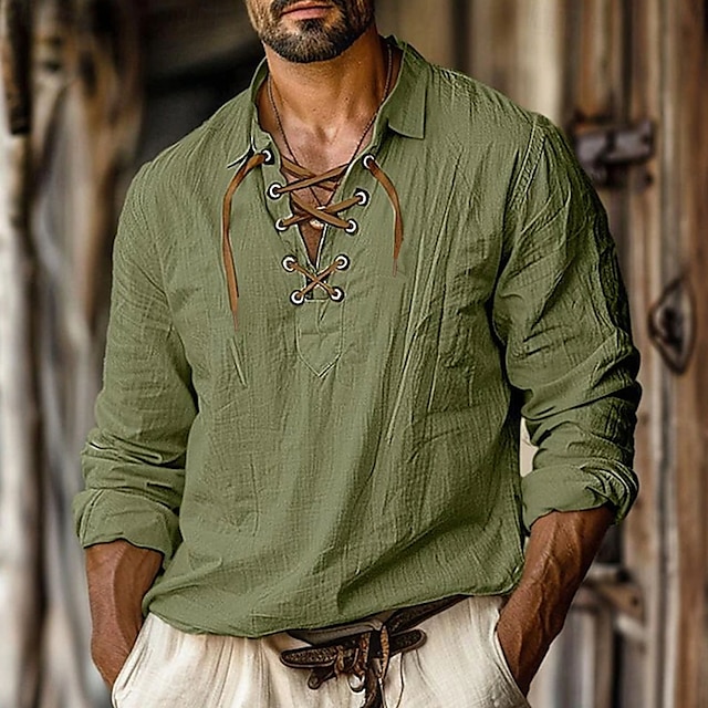 Retro Vintage Medieval Renaissance Shirt Pirate Viking Solid Color Fancy Dress Men's Pirate Halloween Carnival Vacation Casual Daily LARP Adults' Shirt