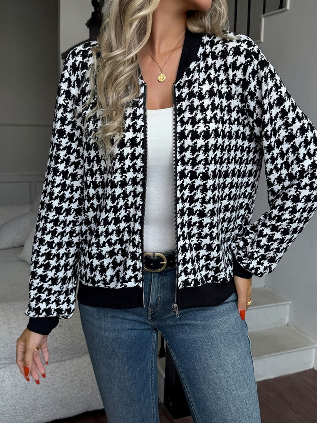 Women’s Casual Houndstooth Jacket – Breathable Zipper Stand Collar Streetwear