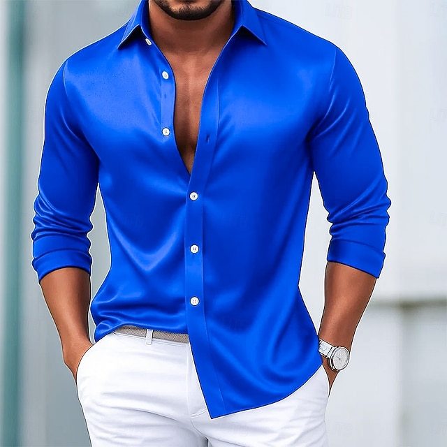Men's Shirt Satin Shirt Dress Shirt Casual Shirt Button Up Shirt Prom Shirt Plain Formal Wedding Light Blue Black Royal Blue Gold Long Sleeve Lapel All Seasons Clothing Apparel