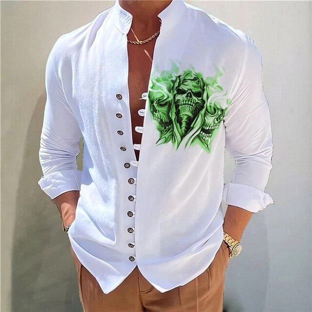  Men's Dark Shirt Aloha Shirt Long Sleeve Fashion Designer Casual Vacation Daily Going out Fall Autumn / Fall Spring & Summer Stand Collar Print 