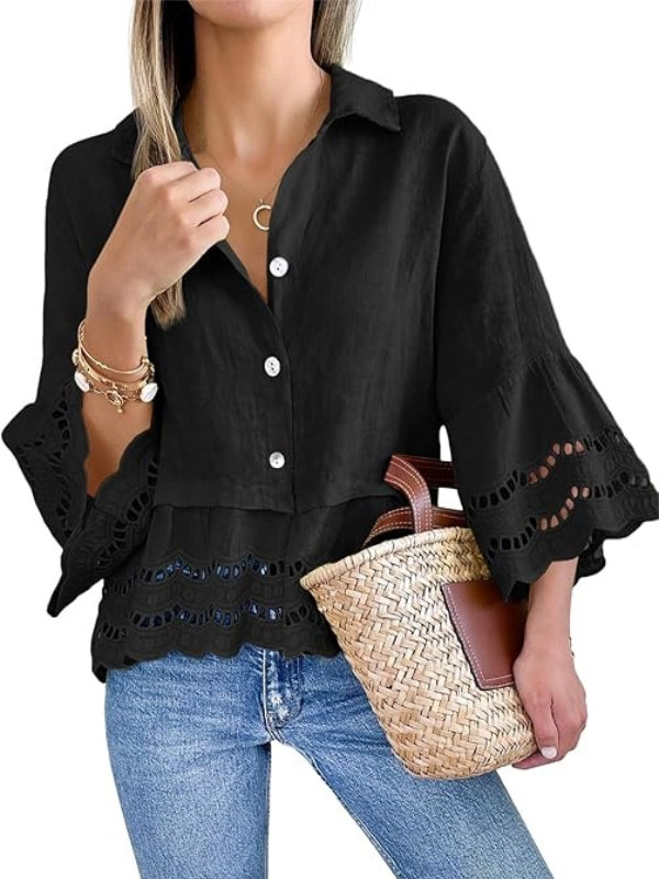 Large Ruffle Bell-Sleeved Hollow Lace Blouse