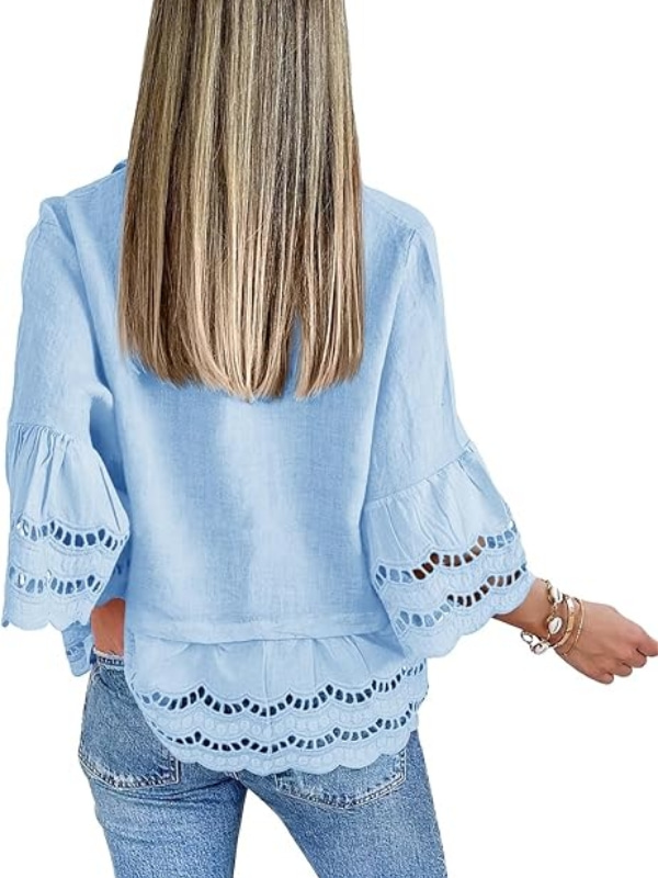 Large Ruffle Bell-Sleeved Hollow Lace Blouse