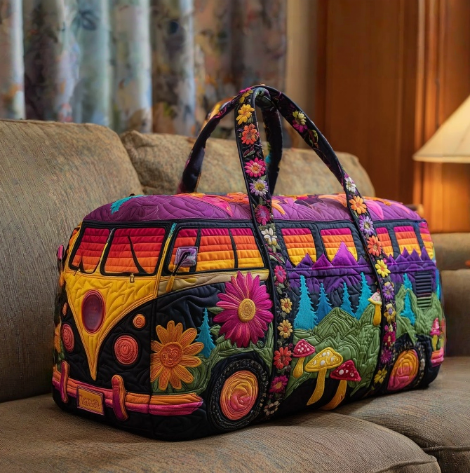 Hippie Van Quilted Duffle Bag — Retro Style for Everyday Travel