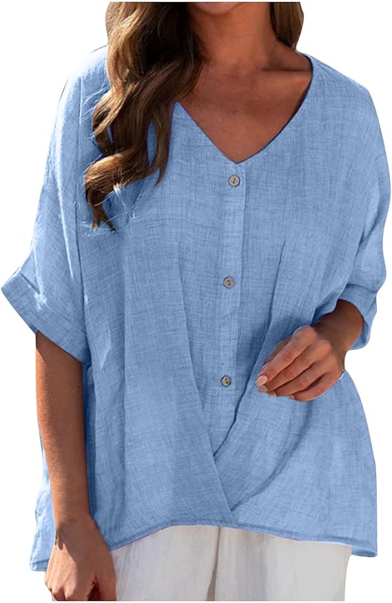 Women's Cotton Linen V Neck Button Down Blouse – Casual Summer Top