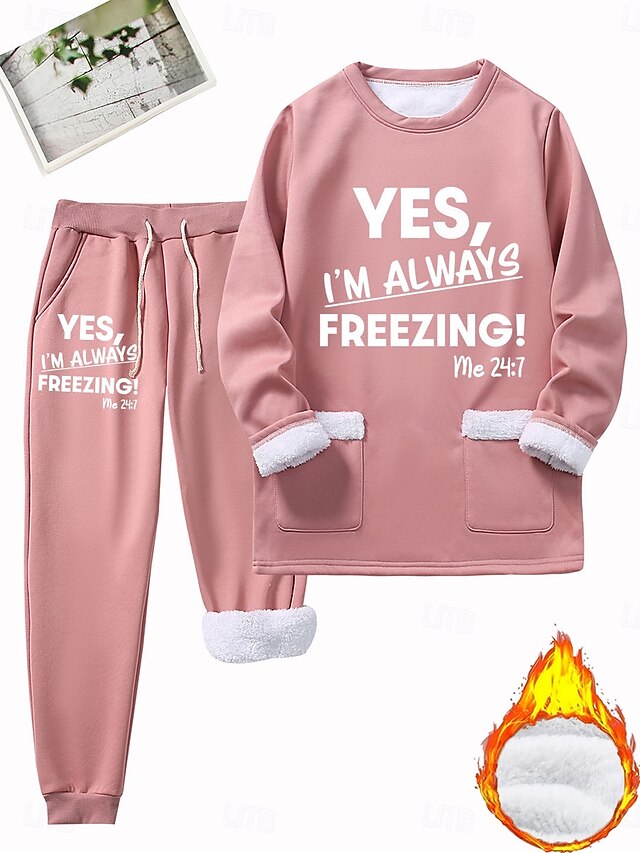 Women's Pajamas Set Fleece Lined 2 Pieces Sweatshirt Tracksuits Loungewear Set Pyjamas Fleece Fluffy Long Sleeve Top and Pant Text Print Comfort Casual Home Wear Drawstring Solid Cozy Winter