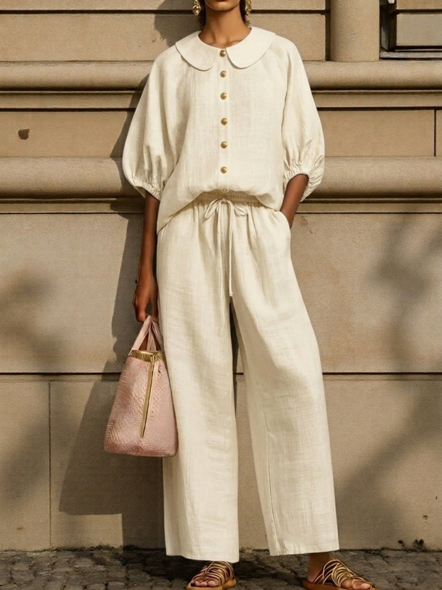 New Arrivals🔥Stylish Peter Pan Collar Shirt And Wide-leg Pant Linen Two-piece Set