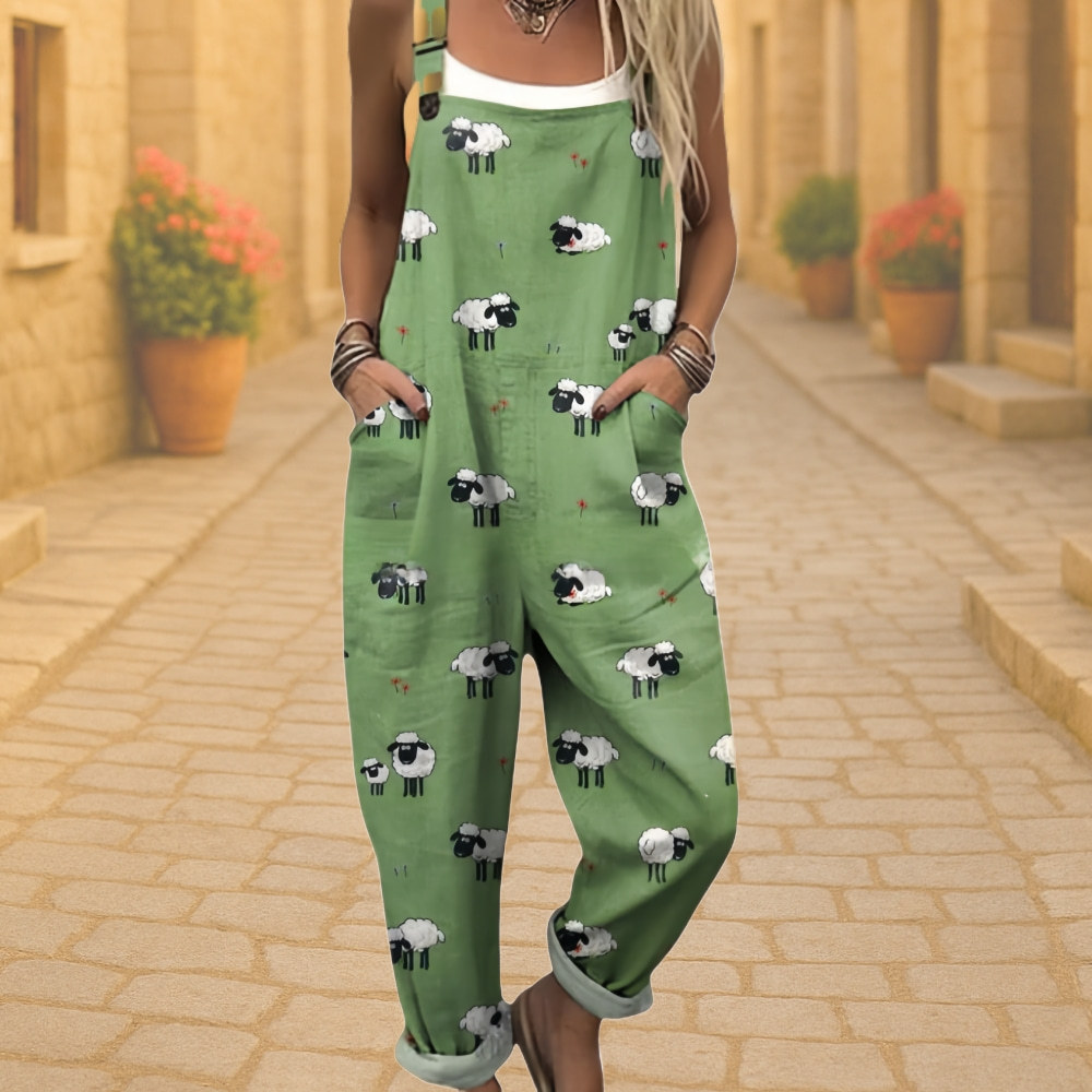 Wome's Retro Geometric Elegant Rose Print Casual Cotton Wide Leg Jumpsuit