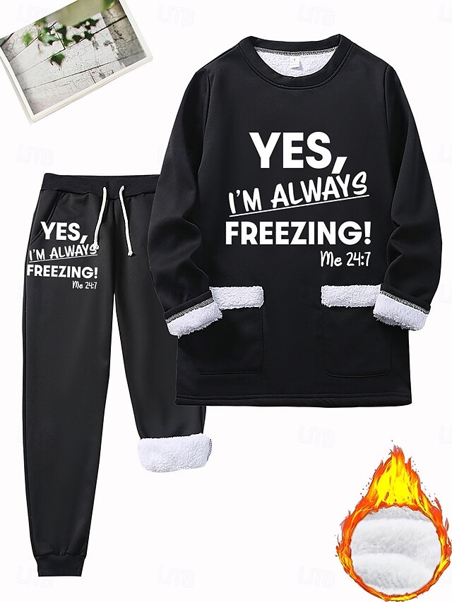 Women's Pajamas Set Fleece Lined 2 Pieces Sweatshirt Tracksuits Loungewear Set Pyjamas Fleece Fluffy Long Sleeve Top and Pant Text Print Comfort Casual Home Wear Drawstring Solid Cozy Winter