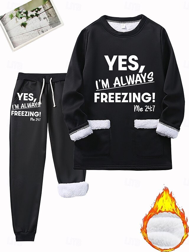 Women's Pajamas Set Fleece Lined 2 Pieces Sweatshirt Tracksuits Loungewear Set Pyjamas Fleece Fluffy Long Sleeve Top and Pant Text Print Comfort Casual Home Wear Drawstring Solid Cozy Winter
