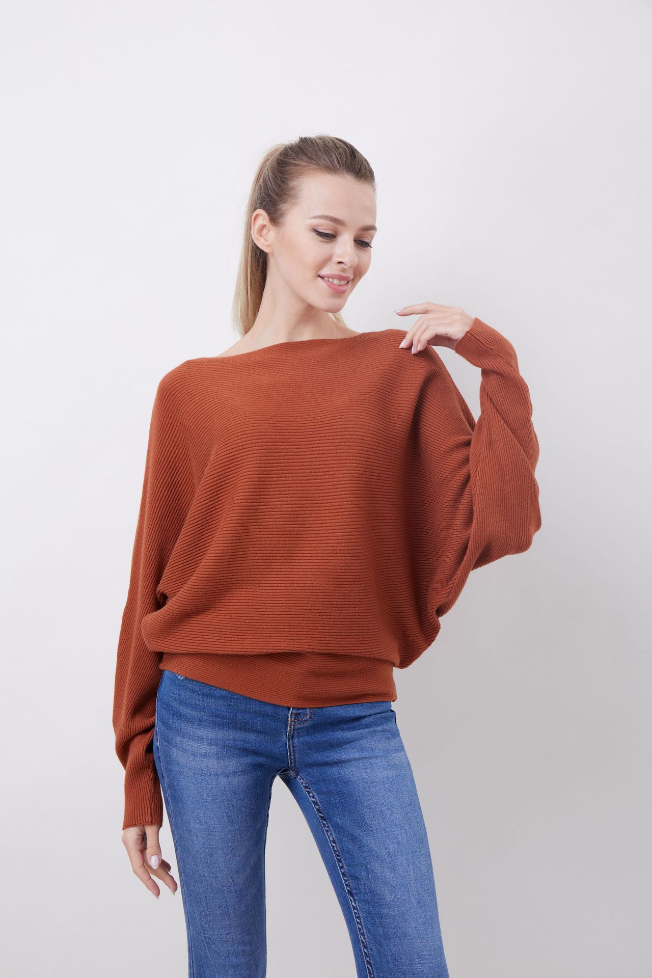 Women's Boat Neck Bat Sleeve Knitted Sweater