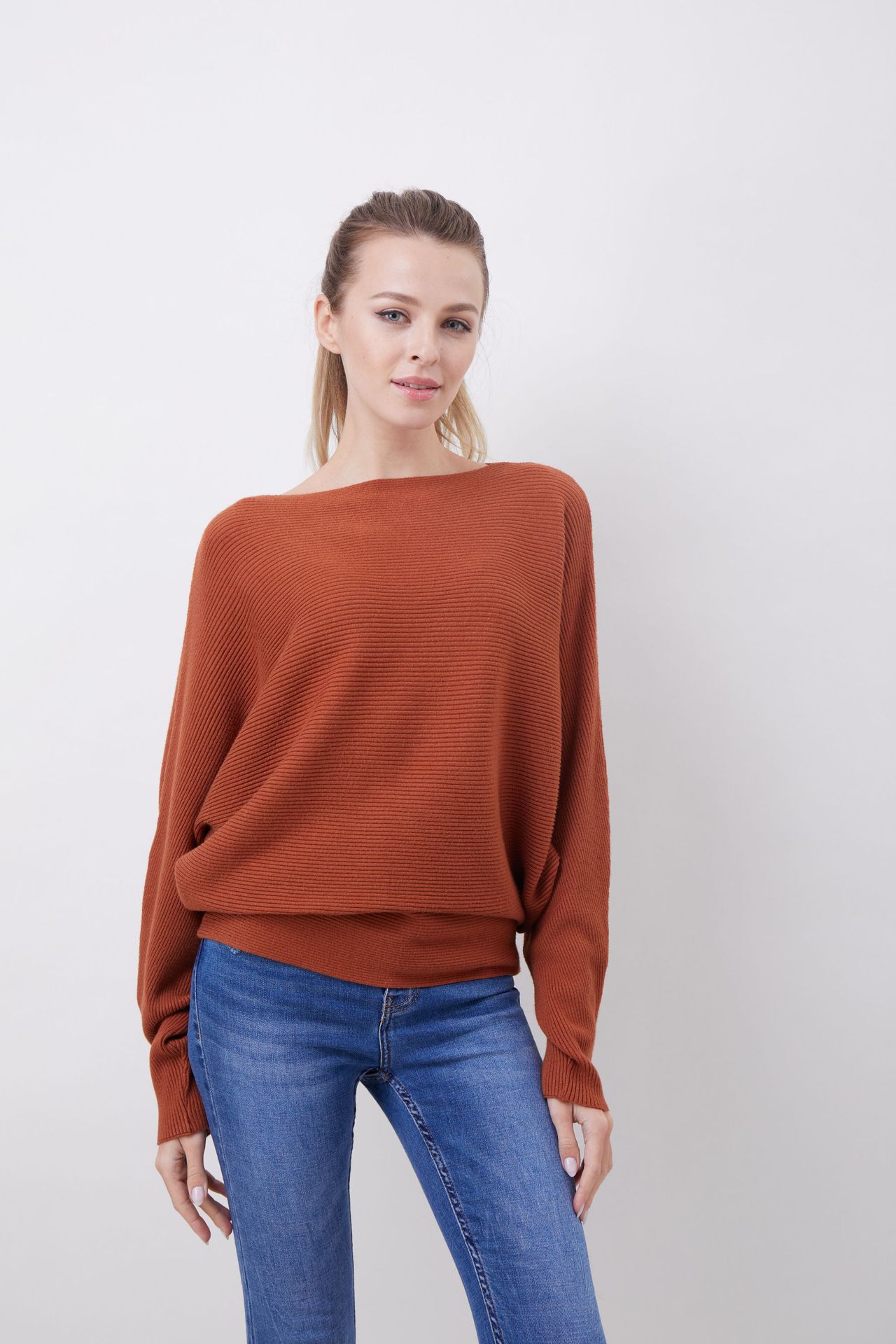 Women's Boat Neck Bat Sleeve Knitted Sweater