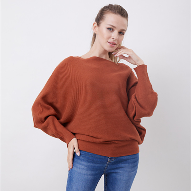 Women's Boat Neck Bat Sleeve Knitted Sweater