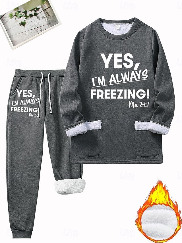 Women's Pajamas Set Fleece Lined 2 Pieces Sweatshirt Tracksuits Loungewear Set Pyjamas Fleece Fluffy Long Sleeve Top and Pant Text Print Comfort Casual Home Wear Drawstring Solid Cozy Winter