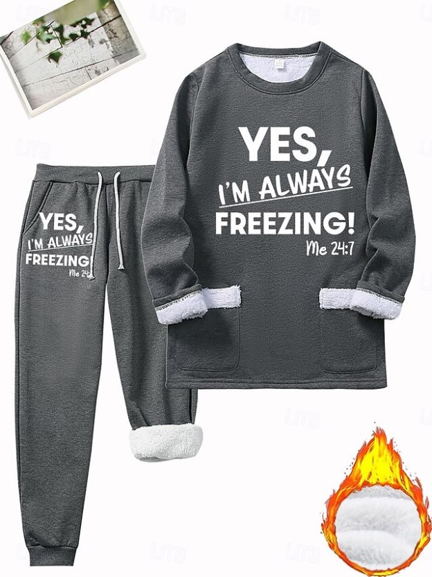 Women's Pajamas Set Fleece Lined 2 Pieces Sweatshirt Tracksuits Loungewear Set Pyjamas Fleece Fluffy Long Sleeve Top and Pant Text Print Comfort Casual Home Wear Drawstring Solid Cozy Winter