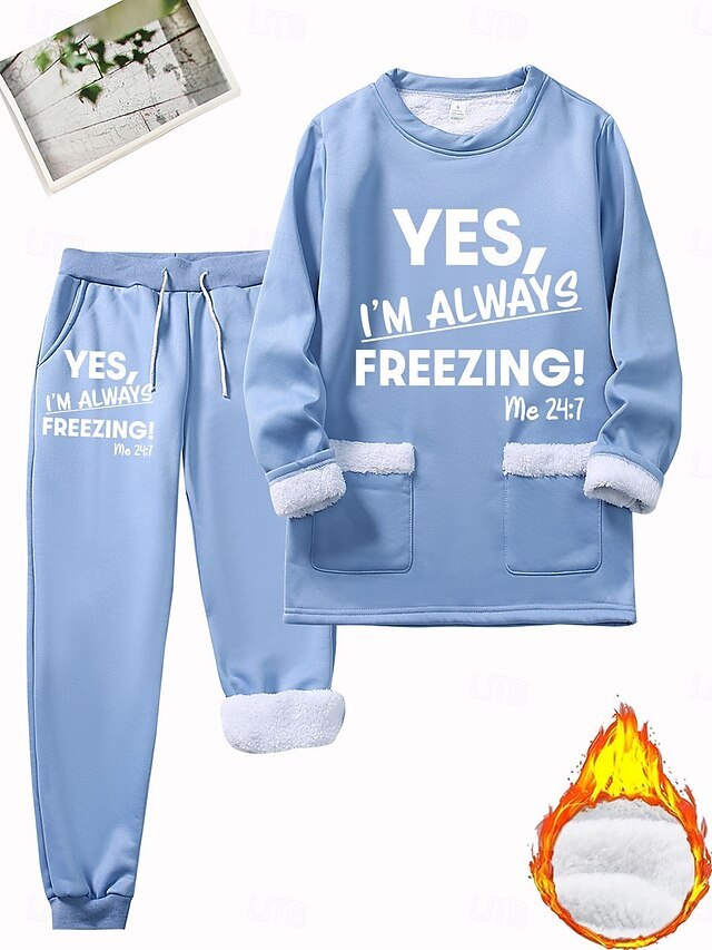 Women's Pajamas Set Fleece Lined 2 Pieces Sweatshirt Tracksuits Loungewear Set Pyjamas Fleece Fluffy Long Sleeve Top and Pant Text Print Comfort Casual Home Wear Drawstring Solid Cozy Winter