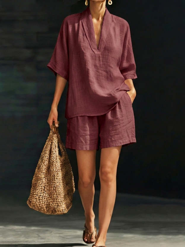 Minimalist Cozy V-neck Shirt And Shorts Linen Cotton Two-piece Set
