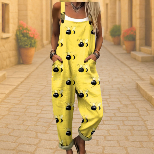 Wome's Retro Geometric Elegant Rose Print Casual Cotton Wide Leg Jumpsuit