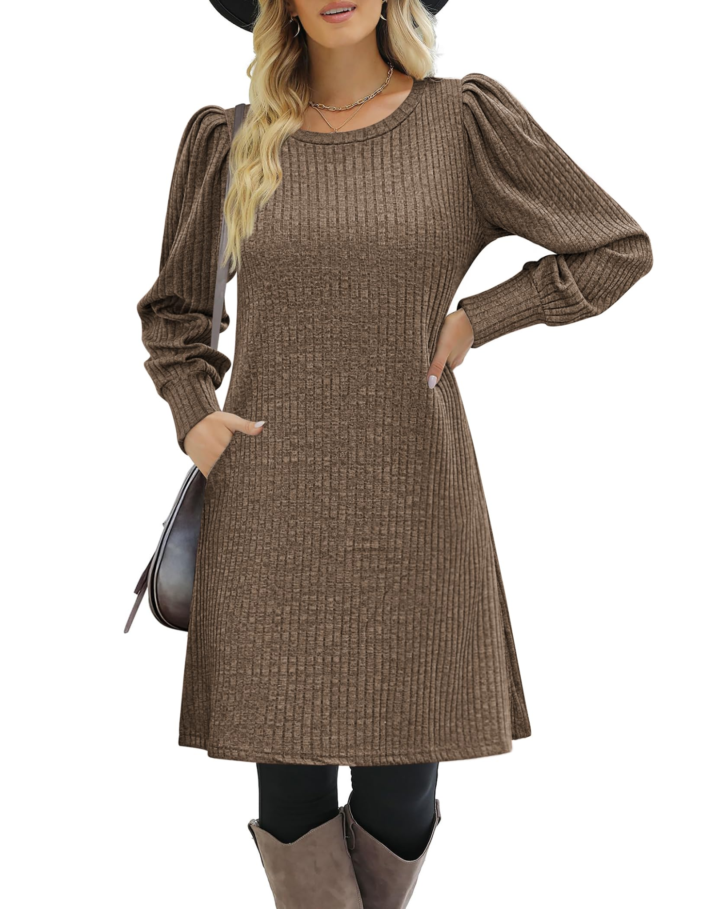 Women's knitted bubble long sleeve autumn and winter round neck casual waist dress