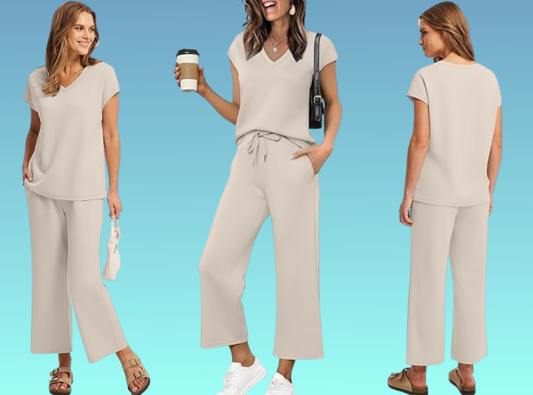 Two Piece Sets for Women Summer Outfits Lounge Sets V Neck Tops Wide Leg Pants