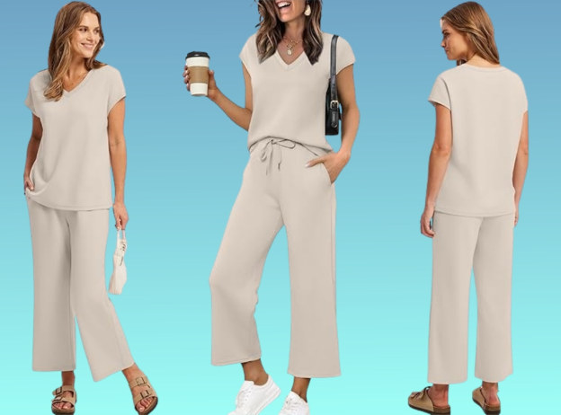 Two Piece Sets for Women Summer Outfits Lounge Sets V Neck Tops Wide Leg Pants