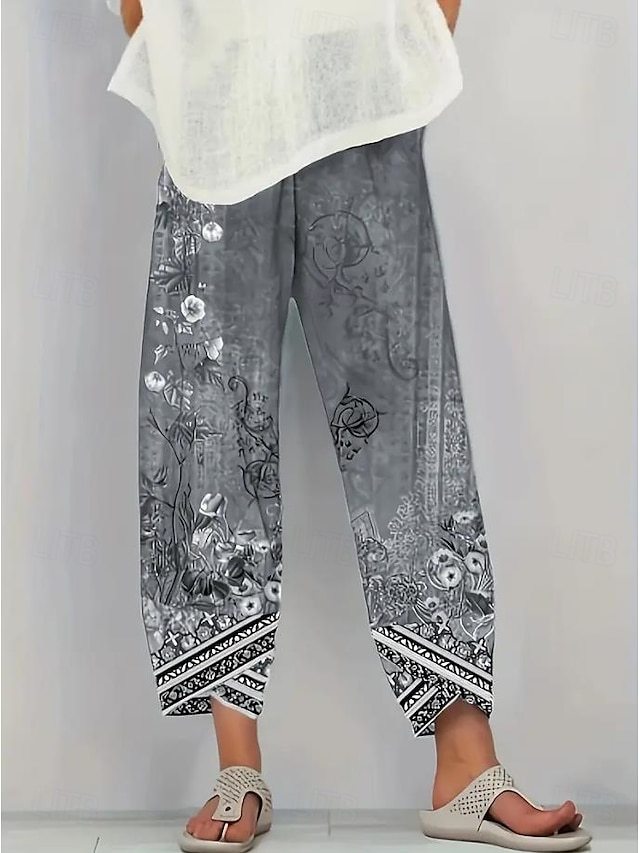  Women's Wide Leg Chinos Baggy Pants Vacation Vintage Ethnic Style Ankle-Length High Waist Floral Graphic Printing Thermal Warm Soft Breathable Micro-elastic Vacation Street Causal Ash Violet Robin's