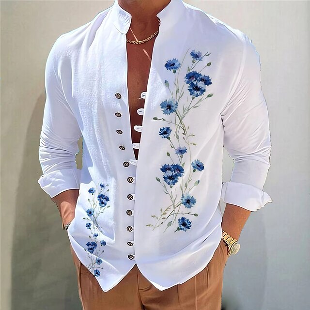  Men's Dark Shirt Aloha Shirt Long Sleeve Fashion Designer Casual Vacation Daily Going out Fall Autumn / Fall Spring & Summer Stand Collar Print 