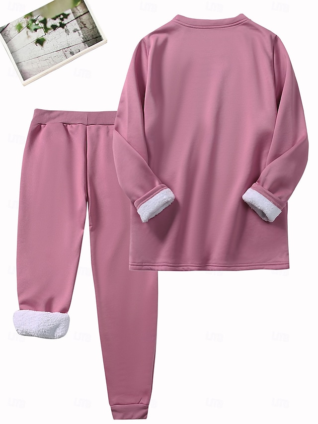 Women's Pajamas Set Fleece Lined 2 Pieces Sweatshirt Tracksuits Loungewear Set Pyjamas Fleece Fluffy Long Sleeve Top and Pant Text Print Comfort Casual Home Wear Drawstring Solid Cozy Winter