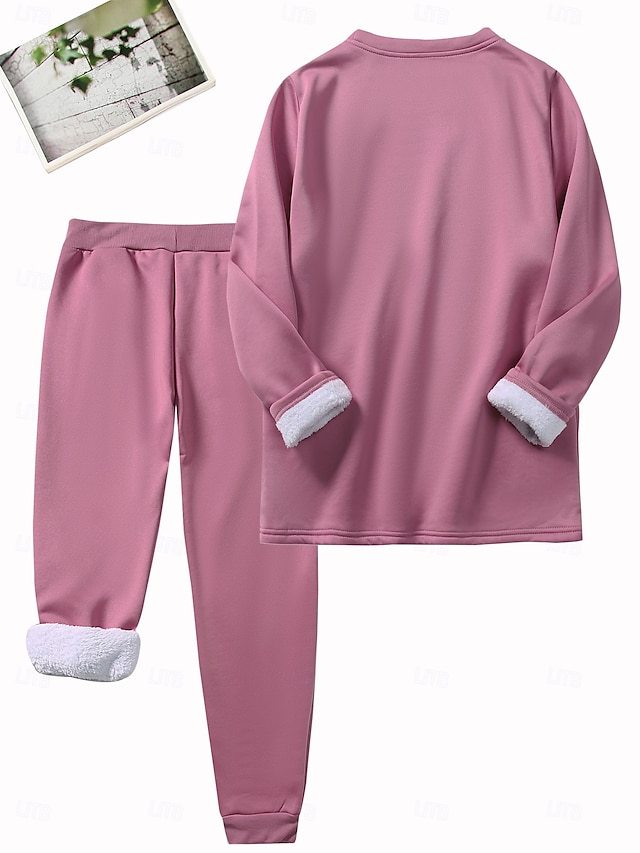 Women's Pajamas Set Fleece Lined 2 Pieces Sweatshirt Tracksuits Loungewear Set Pyjamas Fleece Fluffy Long Sleeve Top and Pant Text Print Comfort Casual Home Wear Drawstring Solid Cozy Winter
