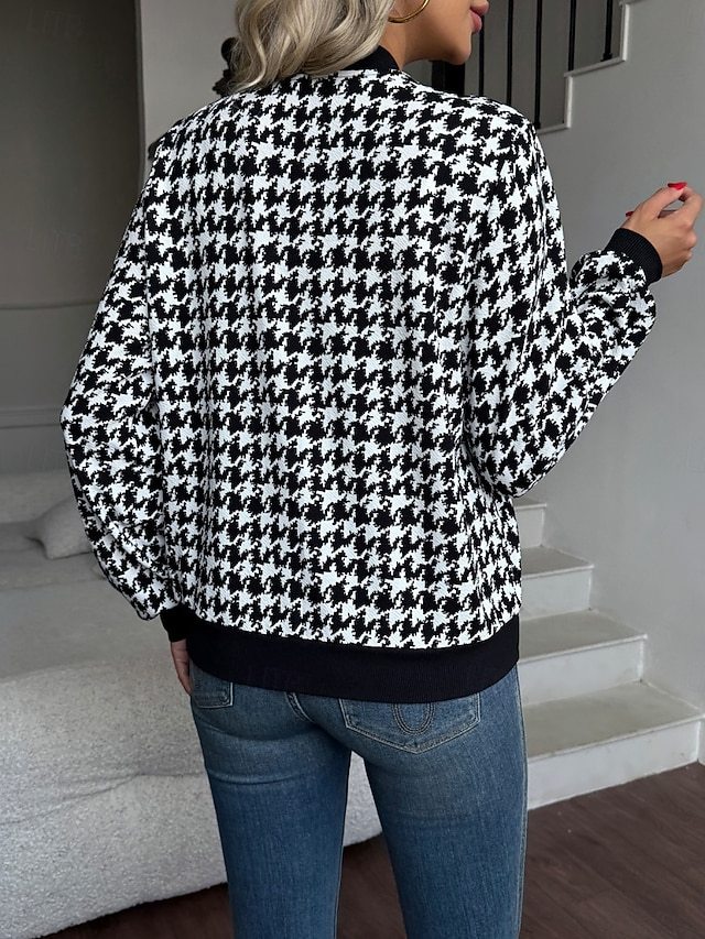 Women’s Casual Houndstooth Jacket – Breathable Zipper Stand Collar Streetwear