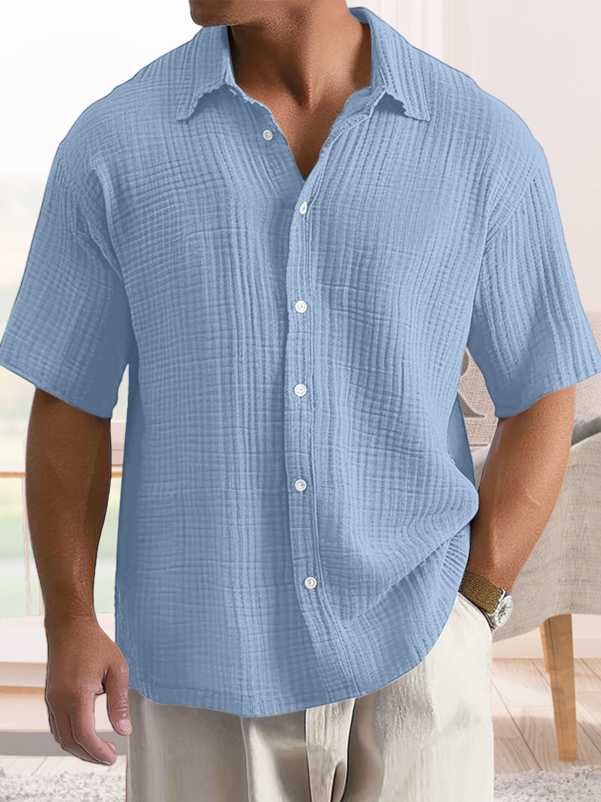 Men's Casual Cotton Short-sleeved Shirt with Lapel