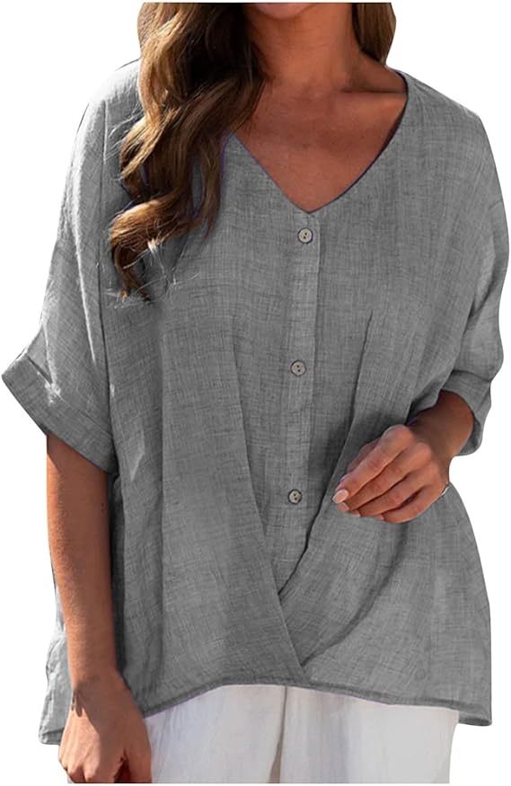 Women's Cotton Linen V Neck Button Down Blouse – Casual Summer Top