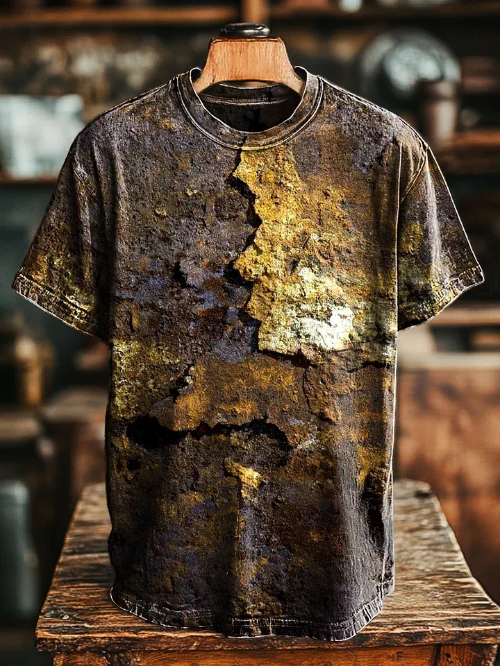 Unisex Retro Aged Rust Printed Casual Loose Short Sleeve T-Shirt