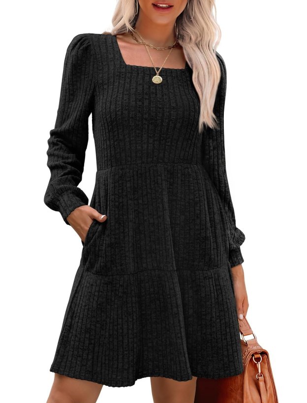 🔥Womens Square Neck Long Sleeve Fall Dresses Casual Babydoll Sweater Dress